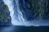 Kayaks and waterfalls   In Milford Sound : awesome, beautiful, boat, kayak, landscapes, milford sound, mountains, New Zealand, NZ, scenery, stunning, waterfall